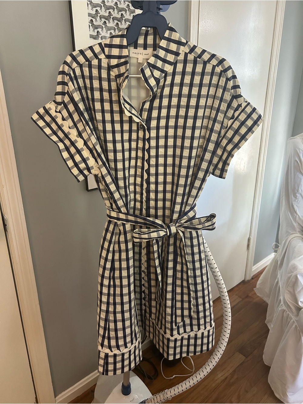 Entro Navy and cream gingham Shirt Dress with Tie Belt